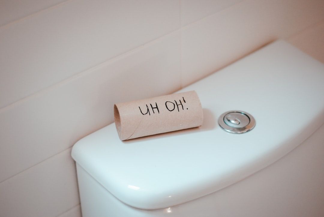 Rouleau de papier toilette vide posé sur un réservoir de chasse d'eau.